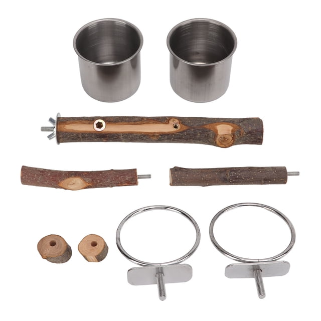 Soporte de madera para loros con comedero de acero inoxidable, soporte para comedero, combinación de jaulas para pájaros y juegos de comederos