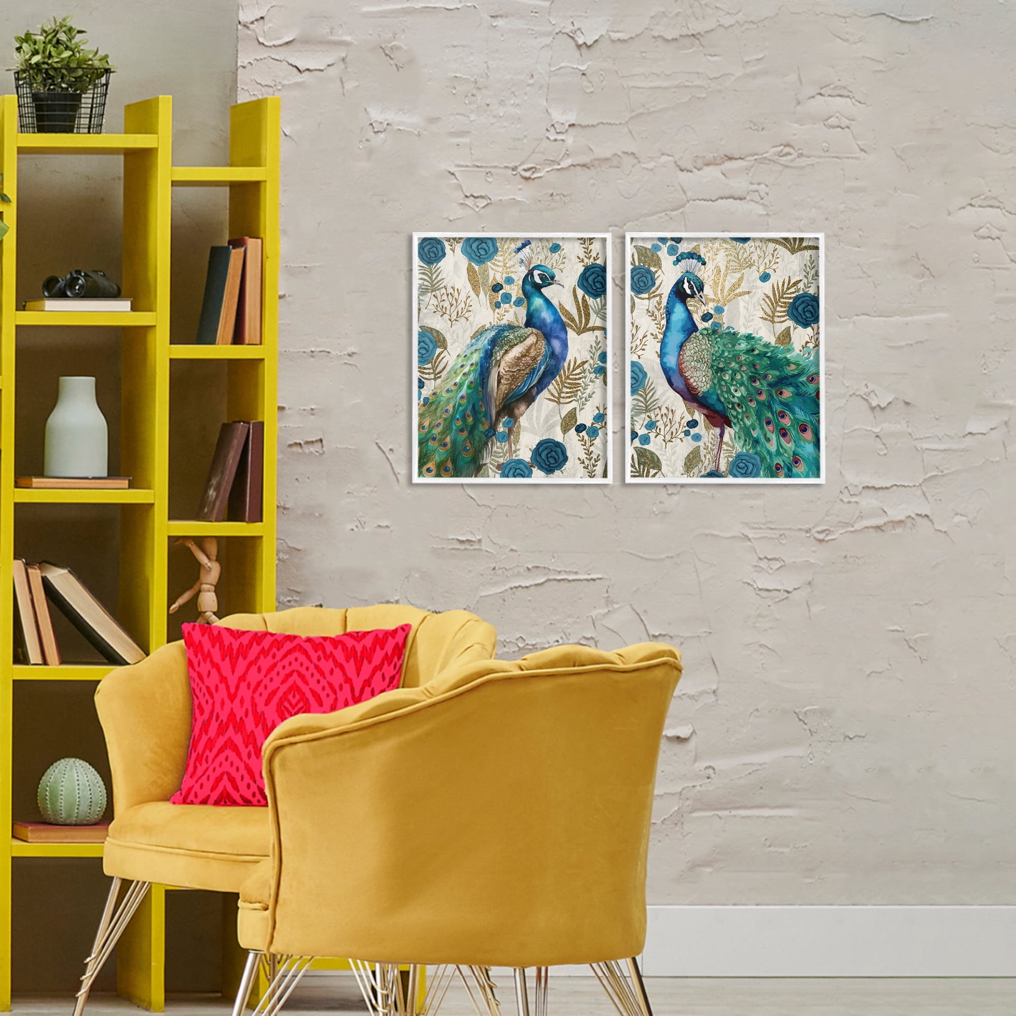 Stupell Industries Floral Peacock Pride 2 Piece White Framed Giclee Art Set, design by Kim Allen