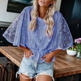 thumbnail image 6 of Women Lace Embroidered Blouse Batwing Short Sleeve Peplum Loose Casual Top Blue XL, 6 of 7
