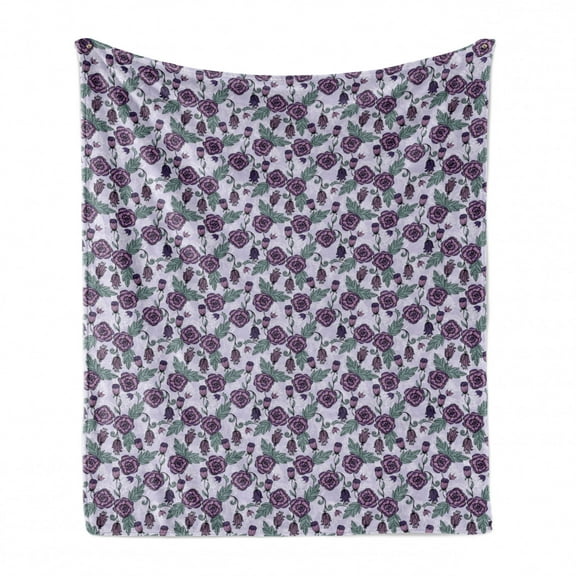 Flower Soft Flannel Fleece Throw Blanket, Continuous and Funky Floral Pattern with Leaves in Violet Tones, Cozy Plush for Indoor and Outdoor Use, 70" x 90", Pastel Purple and Multicolor, by Ambesonne