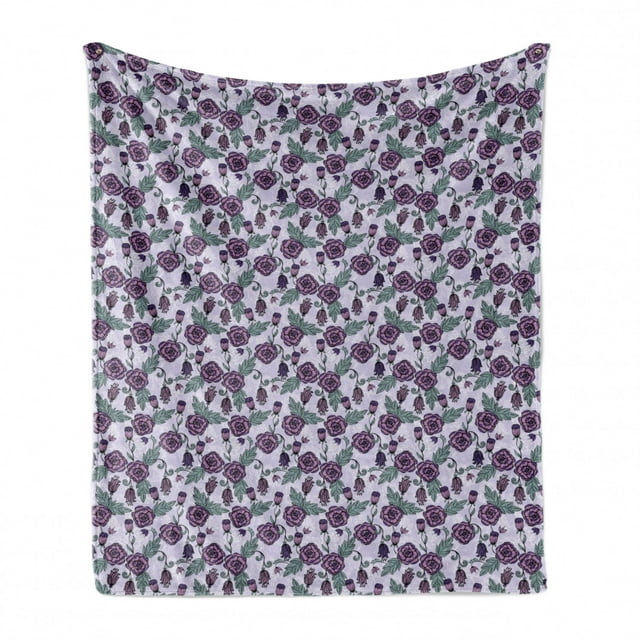 Flower Soft Flannel Fleece Throw Blanket, Continuous and Funky Floral Pattern with Leaves in Violet Tones, Cozy Plush for Indoor and Outdoor Use, 50" x 70", Pastel Purple and Multicolor, by Ambesonne