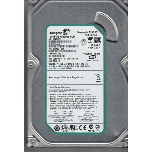ST3160815AS, 9RA, TK, PN 9CY132-313, FW 4.AAB, Seagate 160GB SATA 3.5 Hard Drive