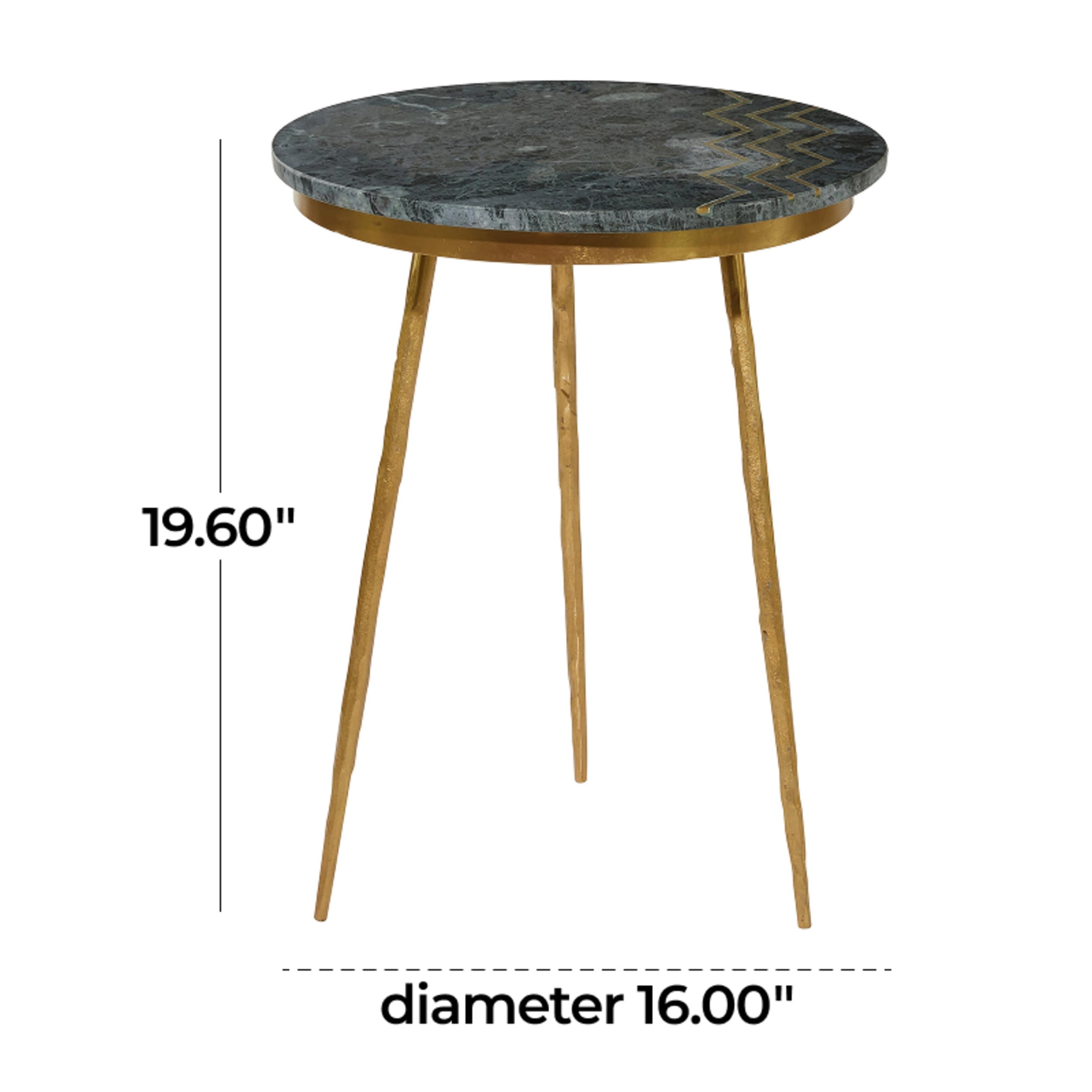 DecMode 16" x 20" Green Marble Accent Table with Gold Metal Tripod Legs and Zig-Zag Detail, 1-Piece