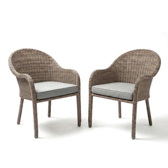 Martha Stewart Set of 2 Indoor-Outdoor Stackable Patio Dining Armchairs in Weathered Gray Rattan Wicker with Gray All-Weather Seat Cushions