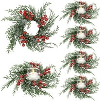6 Pcs Christmas Candle Rings Wreath Artificial Candle Rings with Red Berry, Snowy Pine Garland Candle Ring Holder for Christmas Decorations Table Centerpiece