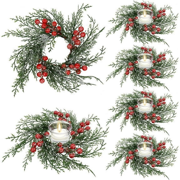 6 Pcs Christmas Candle Rings Wreath Artificial Candle Rings with Red Berry, Snowy Pine Garland Candle Ring Holder for Christmas Decorations Table Centerpiece