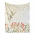 thumbnail image 1 of Dragonfly Soft Flannel Fleece Throw Blanket, Lotus Flower Field Winged Bug Flying Oriental Blooms Print, Cozy Plush for Indoor and Outdoor Use, 60" x 80", Cream Peach Coral, by Ambesonne, 1 of 6
