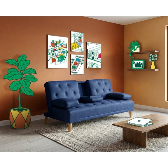 Sofá Cama De Lino Azul Modelo Caroli Makora Con Portavasos