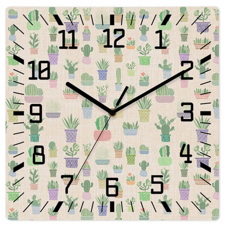 Green Succulents Cactus Wooden Wall Clock Silent Non Ticking, Plant Burlap Texture Square Wall Clocks Battery Operated, Decor Clock for Home Office, Living Room, Kitchen, 10 Inch