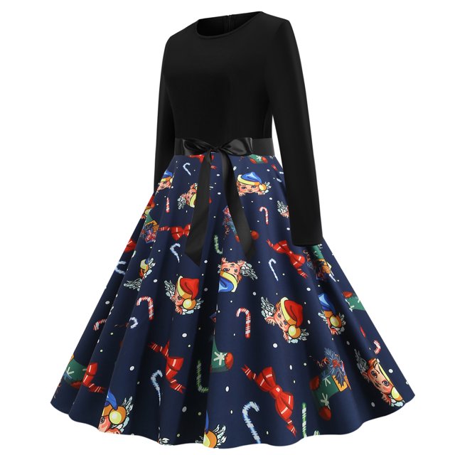 CEHVOM Robe Vintage Rockabilly Patchwork pour Femmes Robe de Fête de Noël avec Nœud