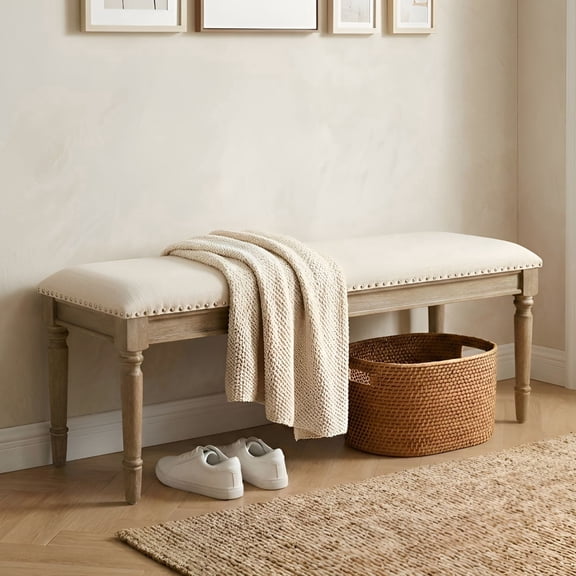 Dayalane 46'' French Country Wooden Entryway Bench, Linen Upholstered Entryway Shoe Rack Bench with Nailhead Trim for Kitchen Bedroom Indoor and Hallway, Beige