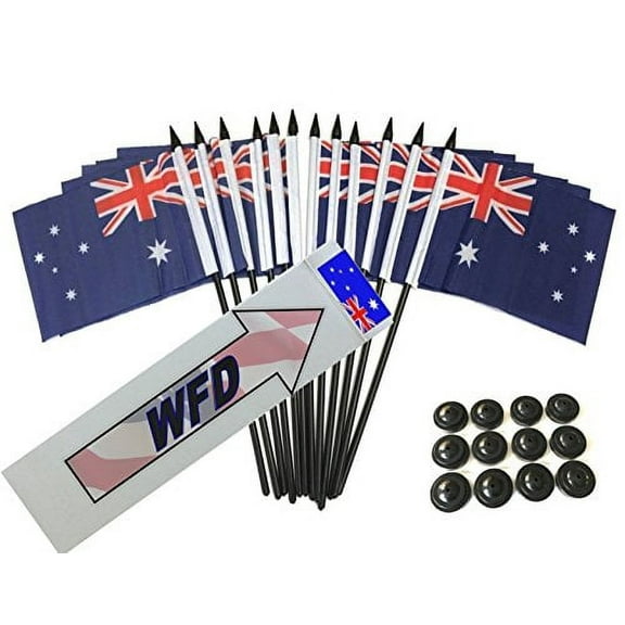 Pack of 12 4"x6" Australia Polyester Miniature Desk & Little Table Flags, 1 Dozen 4"x 6" Australian Small Mini Hand Waving Stick Flags with 12 Flag Bases (Flags with Stands)