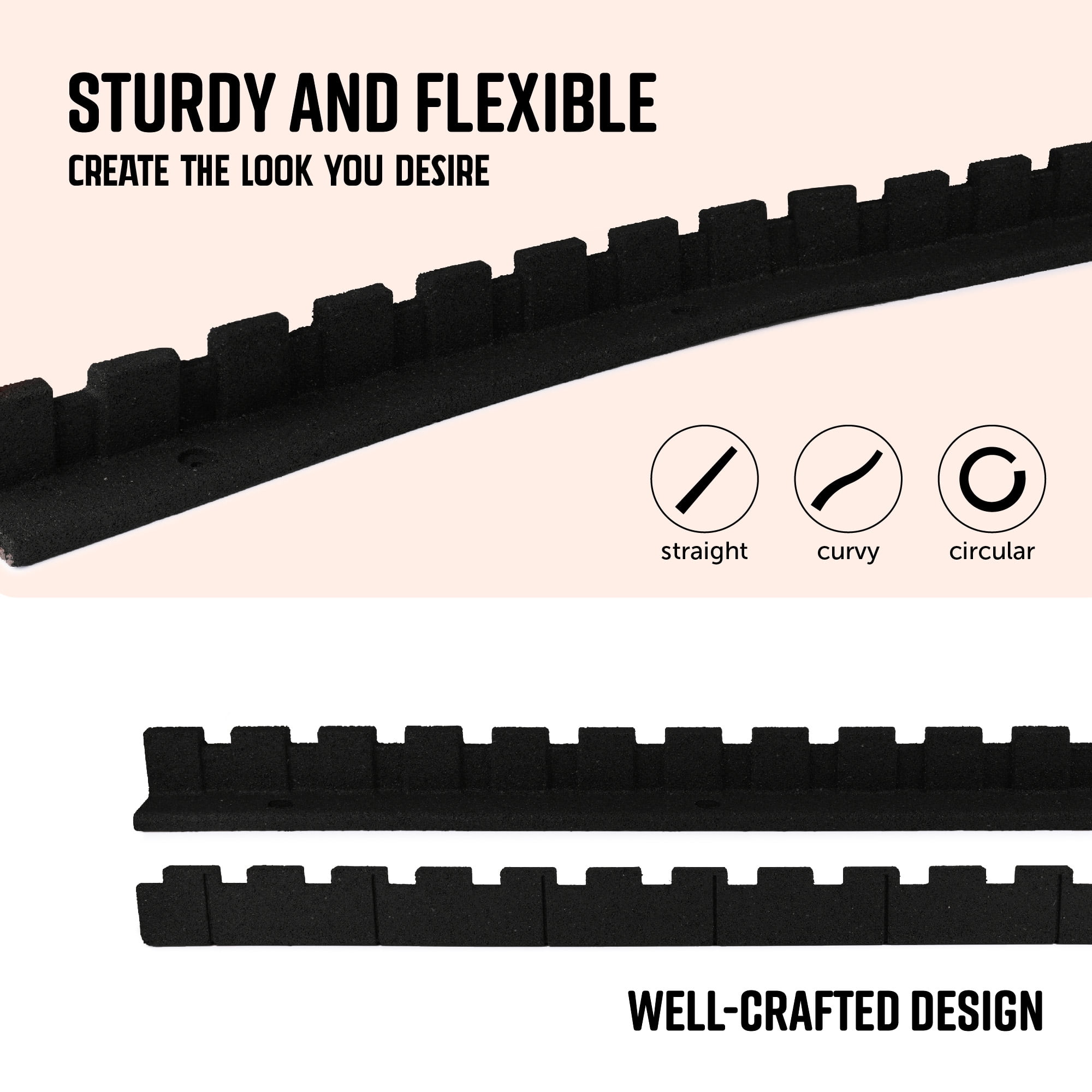 GroundSmart Castle Landscape Edging, 4' Black Rubber Garden Edging Border, 6 pack