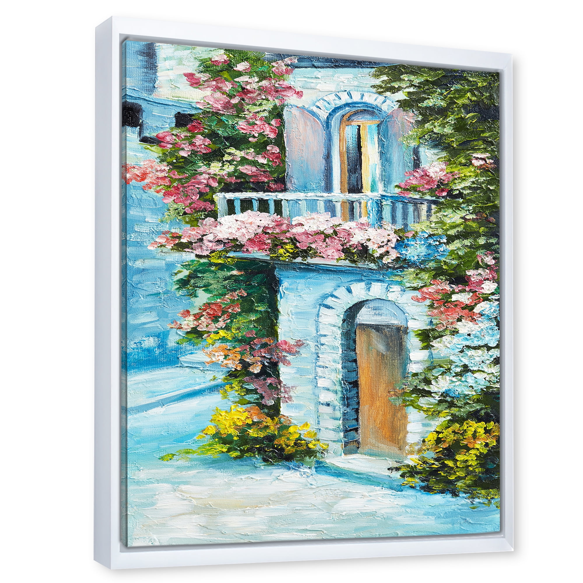 House With Colorful Flowers Near The Sea II 24 in x 32 in Framed Painting Canvas Art Print, by Designart