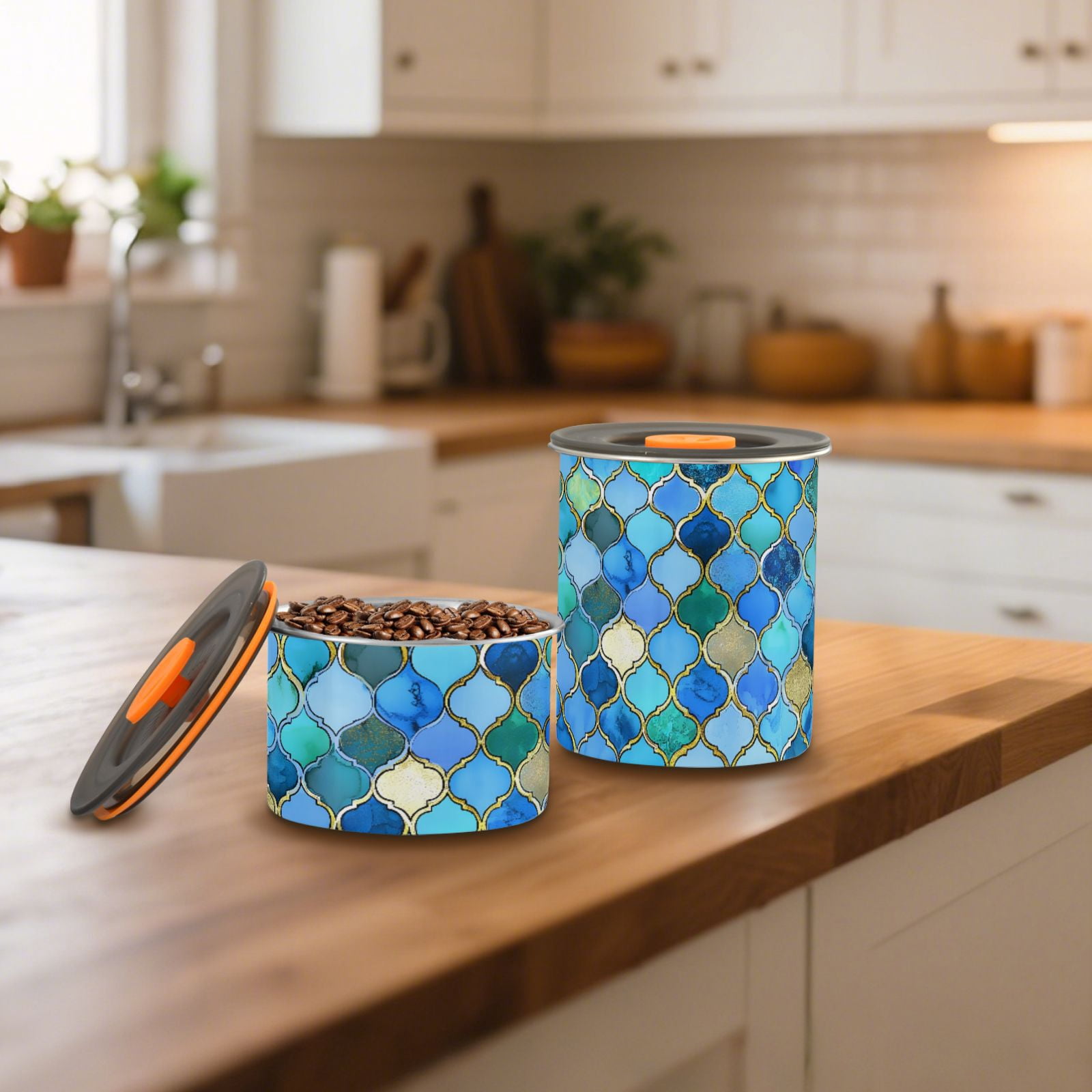 Blue & Gold Moroccan Airtight Coffee Bean Canister 30oz Food Storage Containers with Lids For Gournd, Tea, Sugar, Flour, Rice, Cereal, Candy Cookie Jar