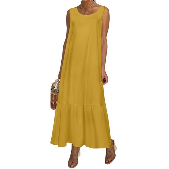 Celmia Women Casual Sleeveless Round Neck Ruffled Hem A Line Dress