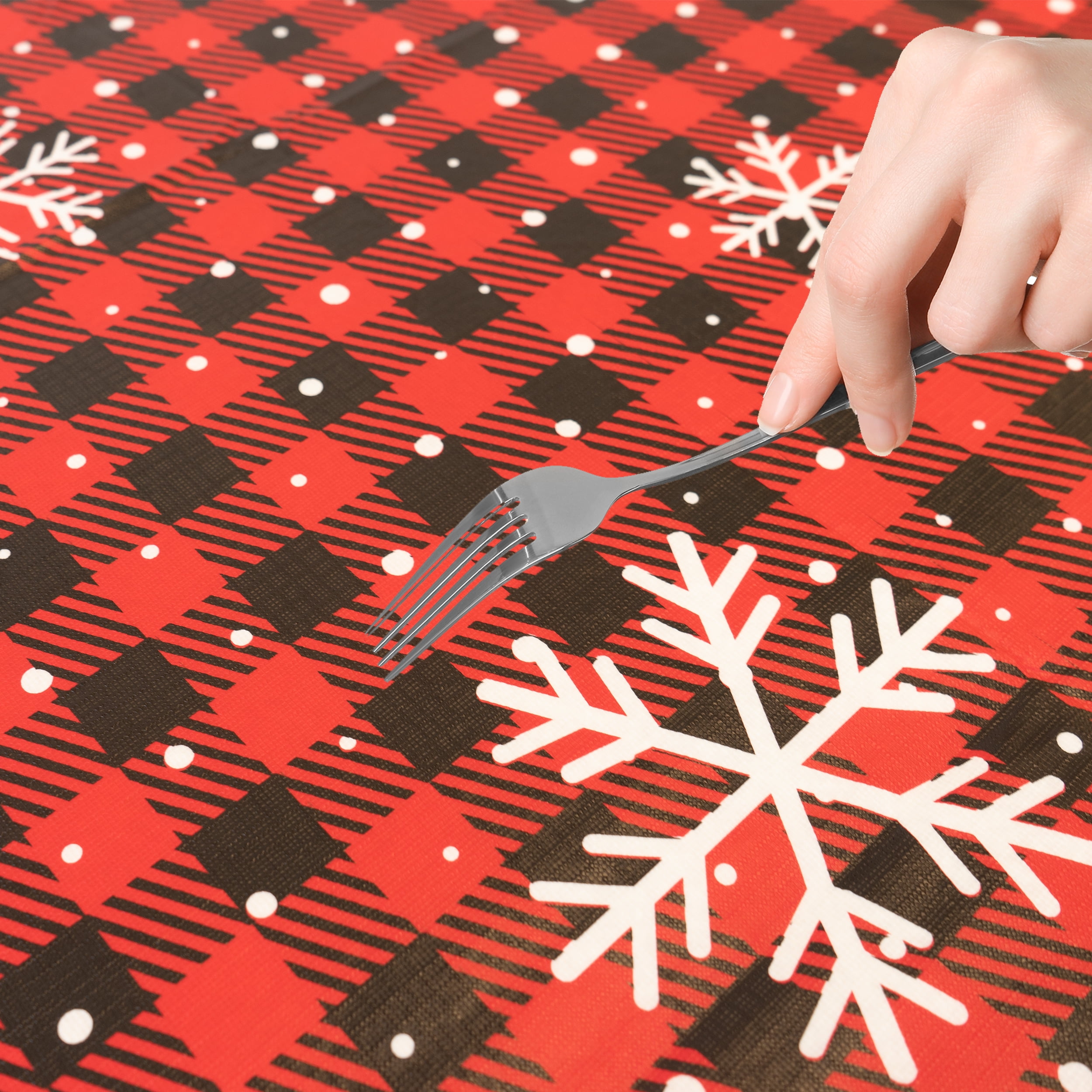 Waverly Inspirations Vinyl Tablecover With Flannel Backing, 6Ft Table, 72" x 30", Snowflake Red, 1 PK