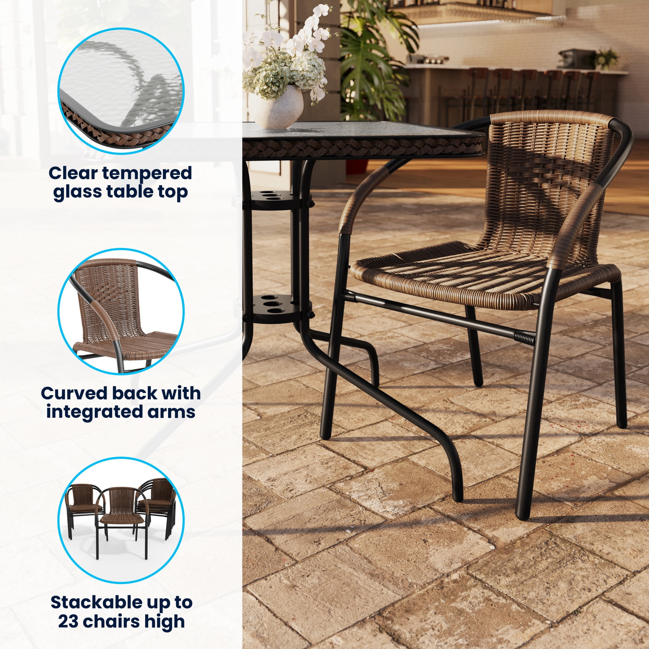 Flash Furniture 28'' Square Glass Metal Table with Dark Brown Rattan Edging and 4 Dark Brown Rattan Stack Chairs