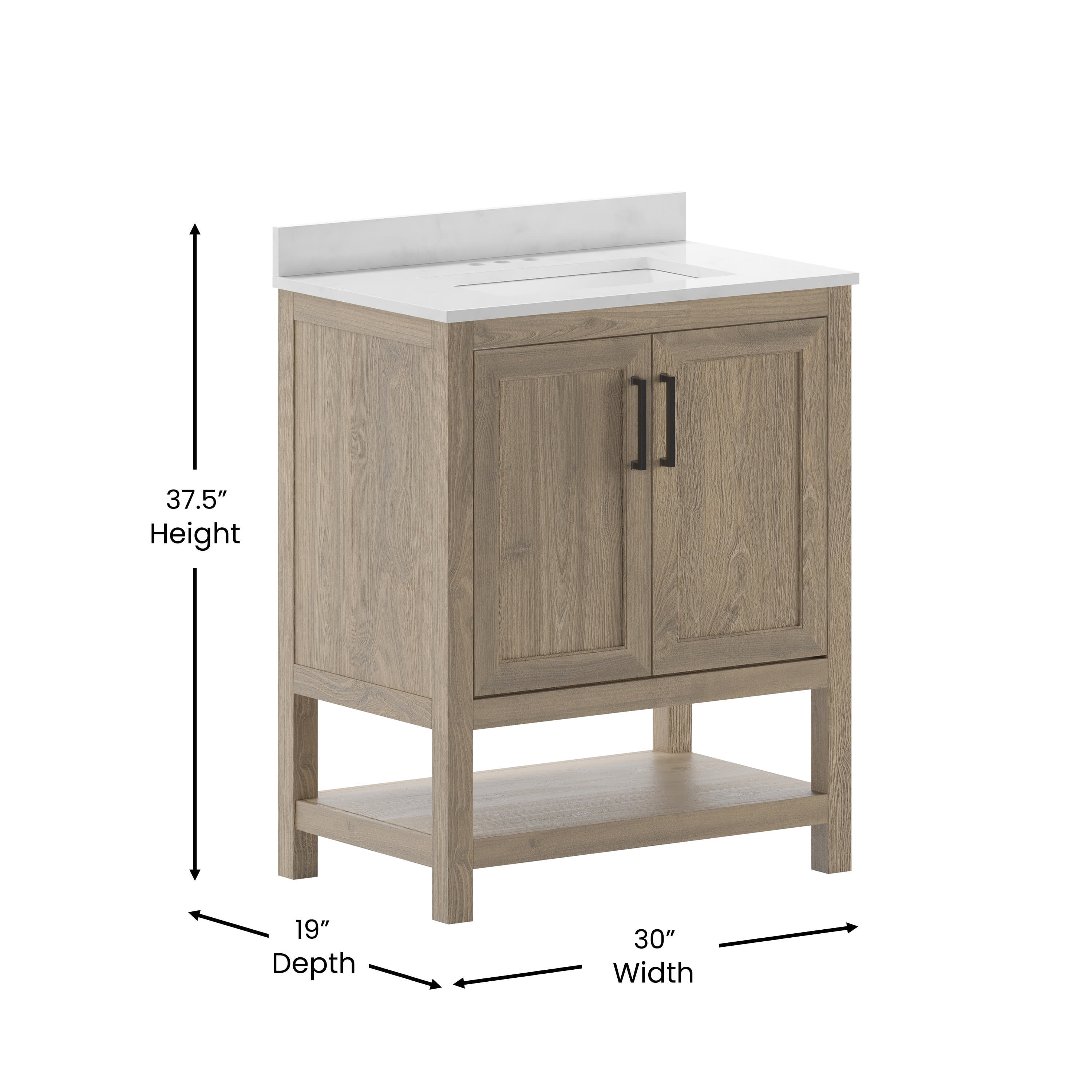BizChair 30 Inch Bathroom Vanity with Sink Combo, Storage Cabinet with Soft Close Doors and Open Shelf, Carrara Marble Finish Countertop, Brown/White