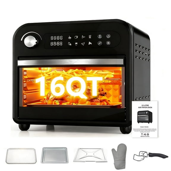 GINOST 16QT Digital Air Fryer Oven Toaster Combo with 360° Hot Air Circulation, 1500W Fast Heating, Transparent Door Window, Precise Temperature Control, Includes 5 Accessories