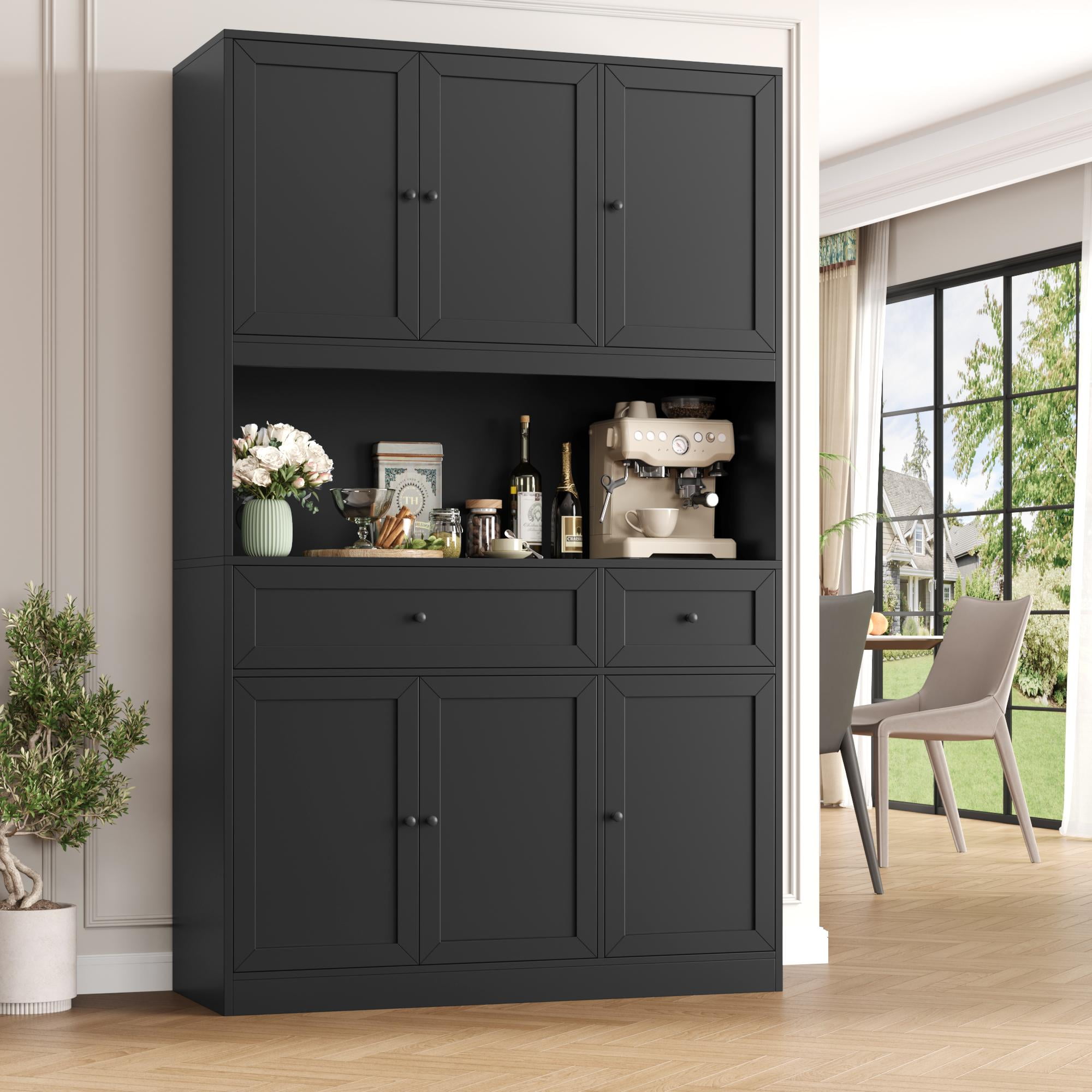 Homfa 72" Tall Kitchen Pantry with Microwave Shelf, Freestanding Kitchen Cupboard, Floor Cabinet for Dining Room, Black
