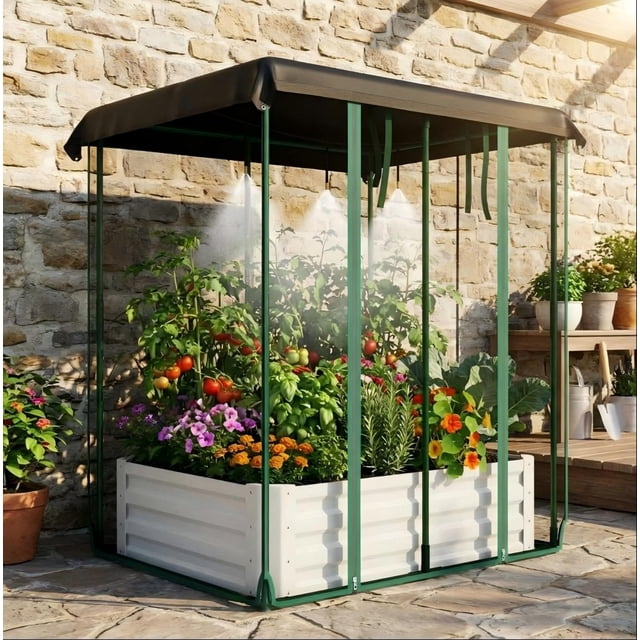 Galvanized Raised Garden Bed with Insect Screen & Self-Watering System – Rectangular Outdoor Planter Box for Vegetables, Herbs & Flowers – Durable, Rust-Resistant Metal – Beige, 120x90x30cm