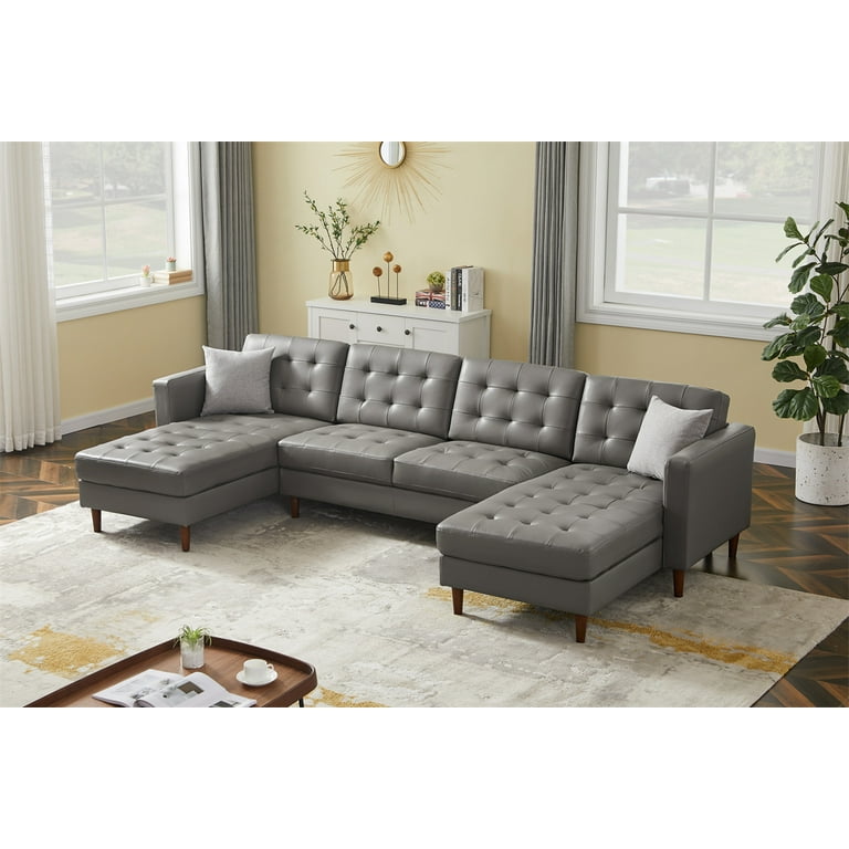 U shaped Sectional Sofa with 2 Throw Pillows Morden Tech PU