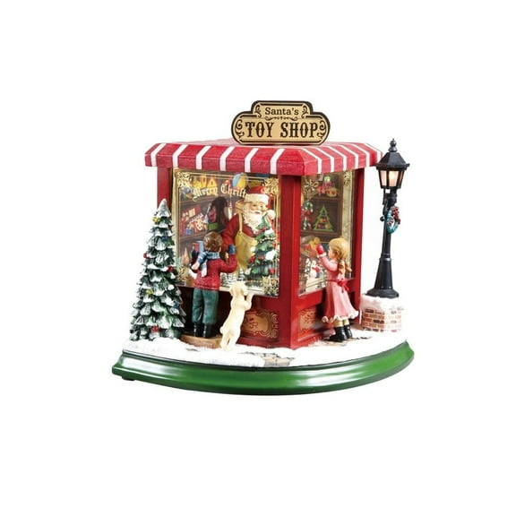 Set of 2 Red and Green Animated Musical Santa Toy Shop Christmas Figurines 8.5"