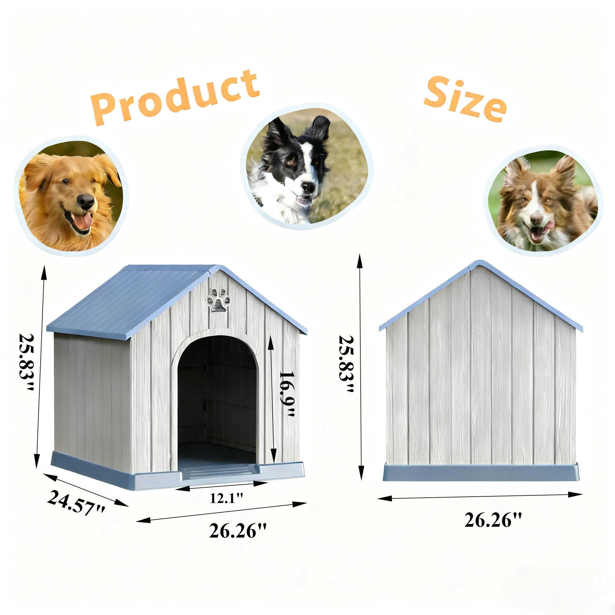 Decksplore Medium Dog House (26.2"x24.5"x25.8"), Waterproof, HDPE Dog Kennel with Air Vents, Elevated Floor, Bite-resistant, Wear-resistant (Gray)