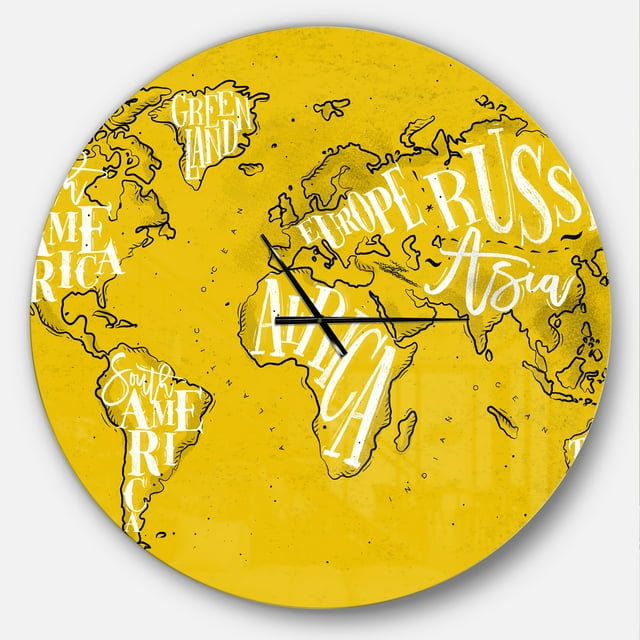 Designart 'Vintage Yellow Worldmap ' Modern wall clock