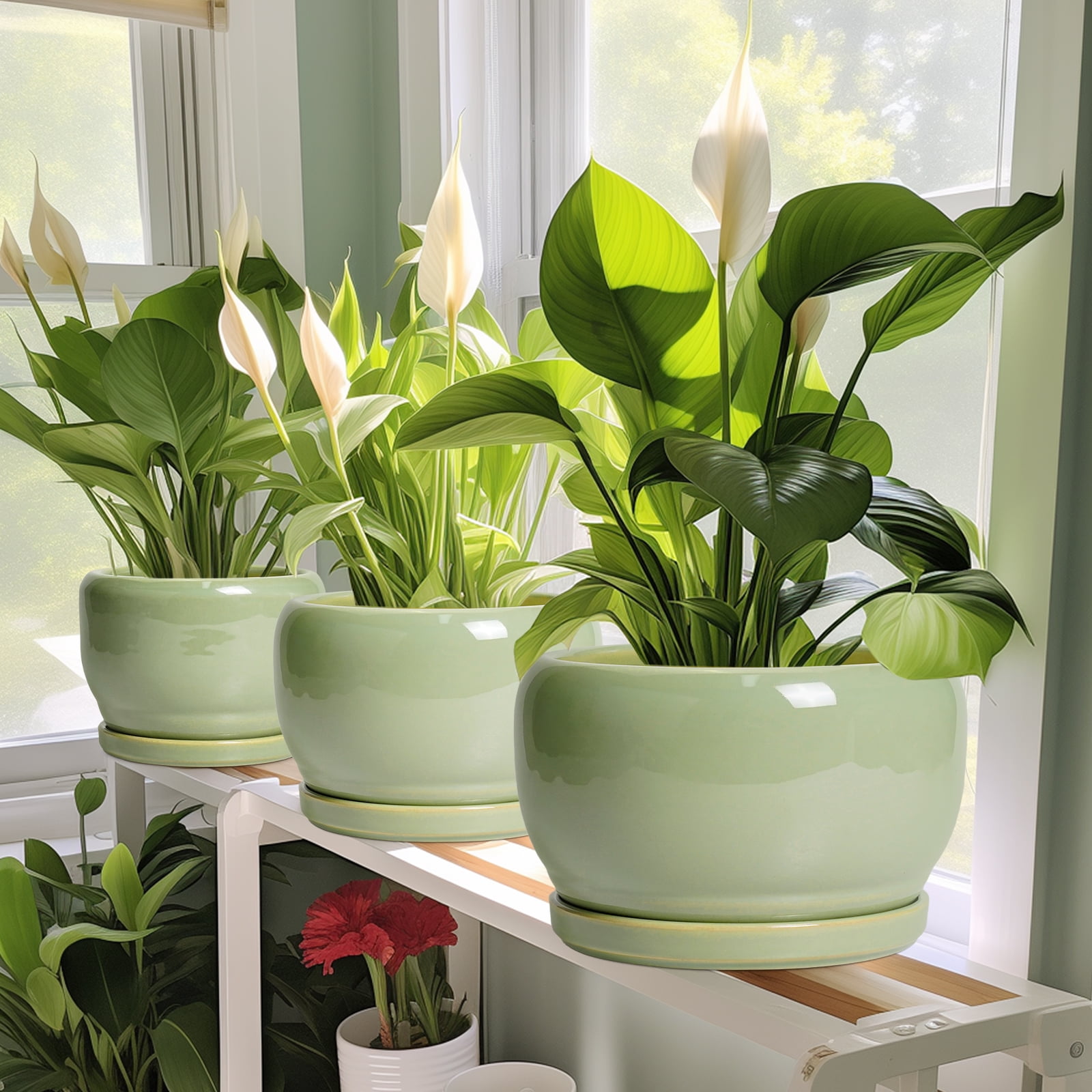 Ordivic 10 inch Glossy Green Ceramic Plant Pots with Drainage & Saucer, Large Round Pots for Monstera,Fiddle Leaf Fig,Entryway Decor