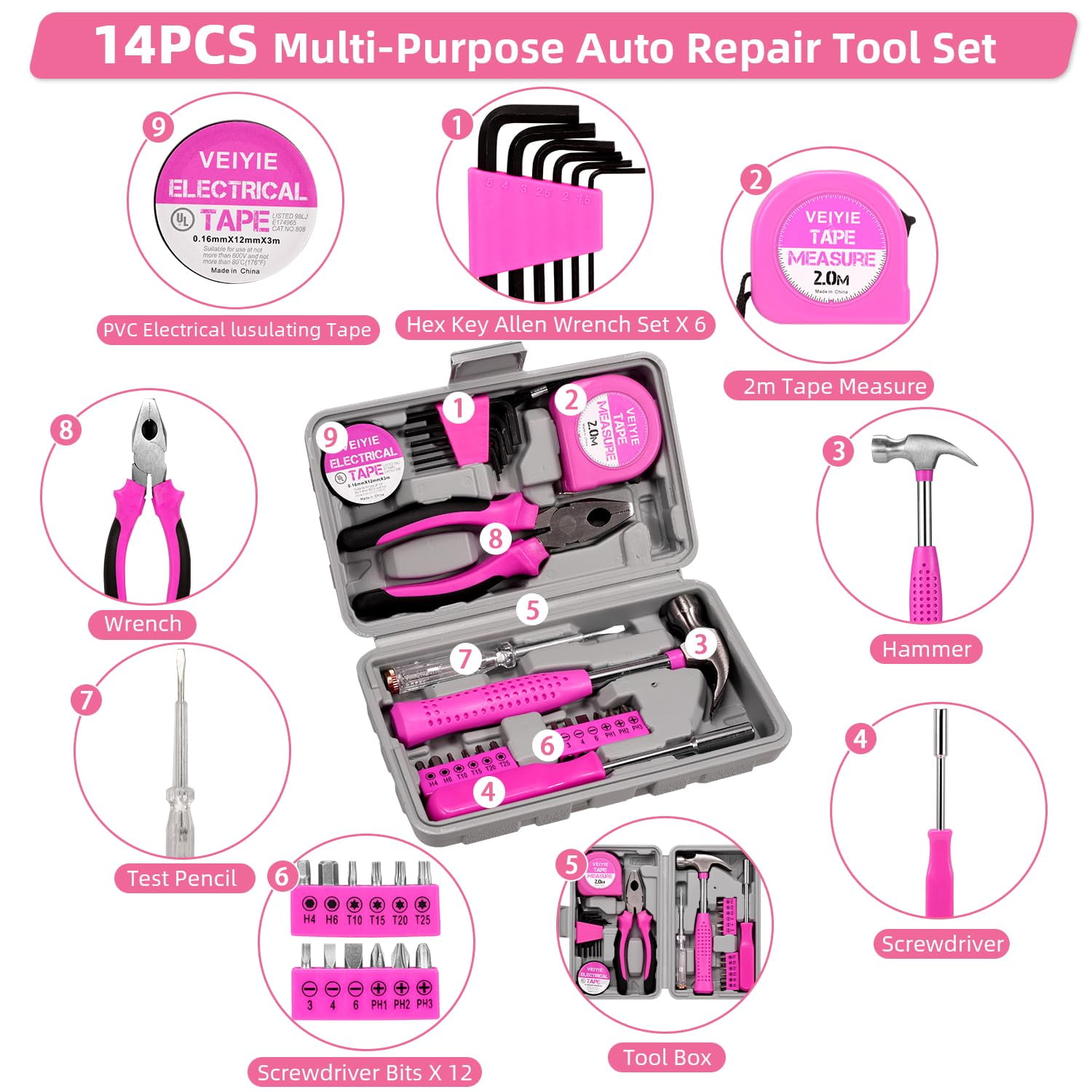 Roadside Emergency Car Kit for Vehicles, Pink Car First Aid Kit Emergency Kit with Jumper Cables, Car Safety Kits, Tow Strap, Tool Kit, Road Trip Assistance for Men, Women, New Driver Gifts