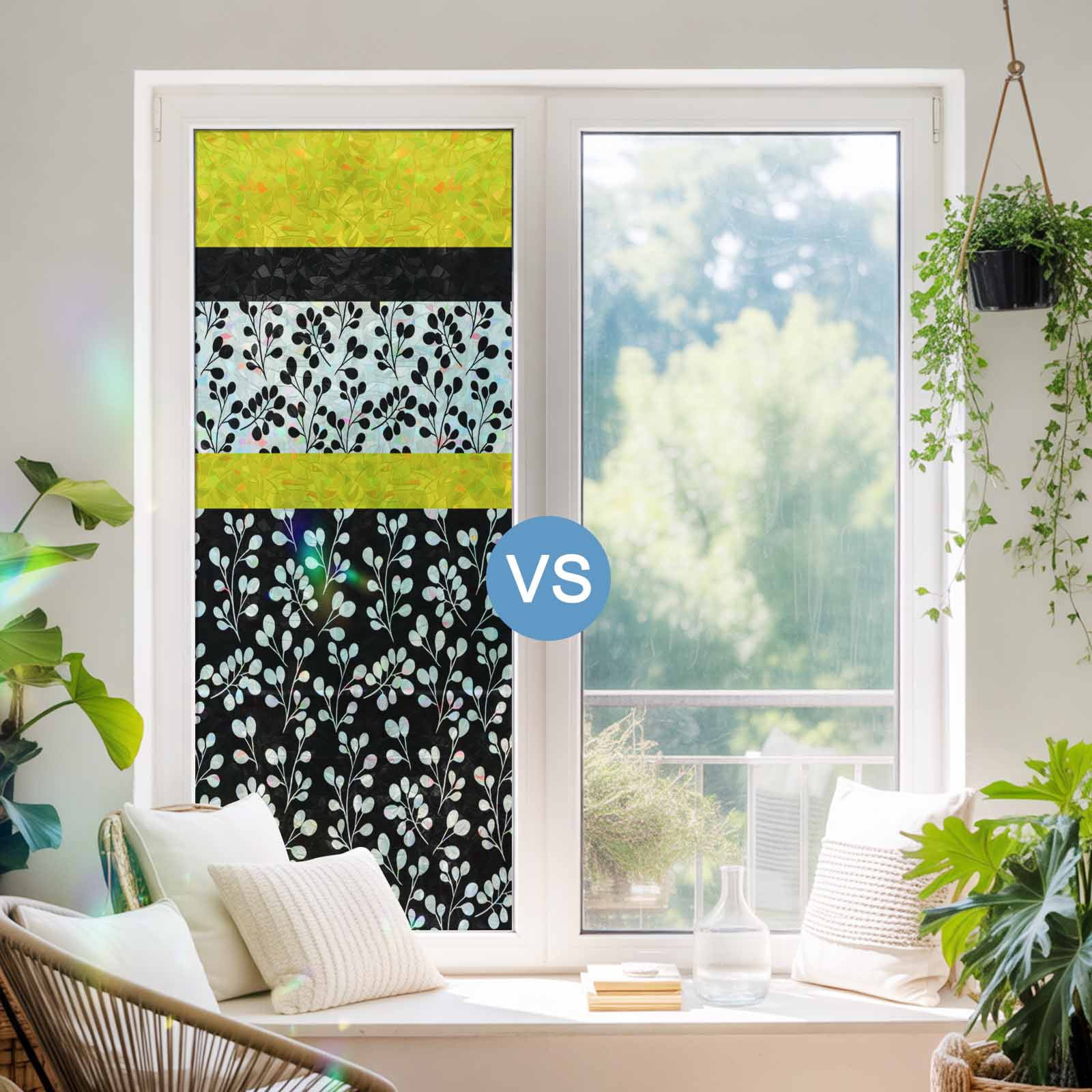 Black Yellow Window Privacy Film Stain Glass,Reusable Decorative Rainbow Window Film,Garden Floral Stripe Aesthetic Flower Boho Static Cling Sun Blocking Stickers Decals Covers 23.6" x 59" (2pcs)