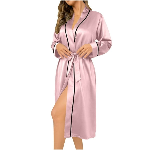 Women's Silk Robe Full-Length Bathrobe Long Sleeve Sleepwear Open Front Loungewear Soft Cardigan Pajama Elegant Sleepshirt 2025 Trendy Nightgown Holiday Spa Housecoat Sexy PJs