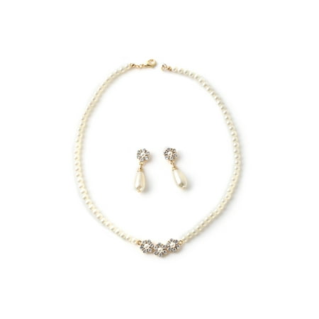 - Gold Crystal 3 Flower Cream Pearl Center Necklace & Matching Oval Cream Pearl Dangle Earrings Jewelry Set