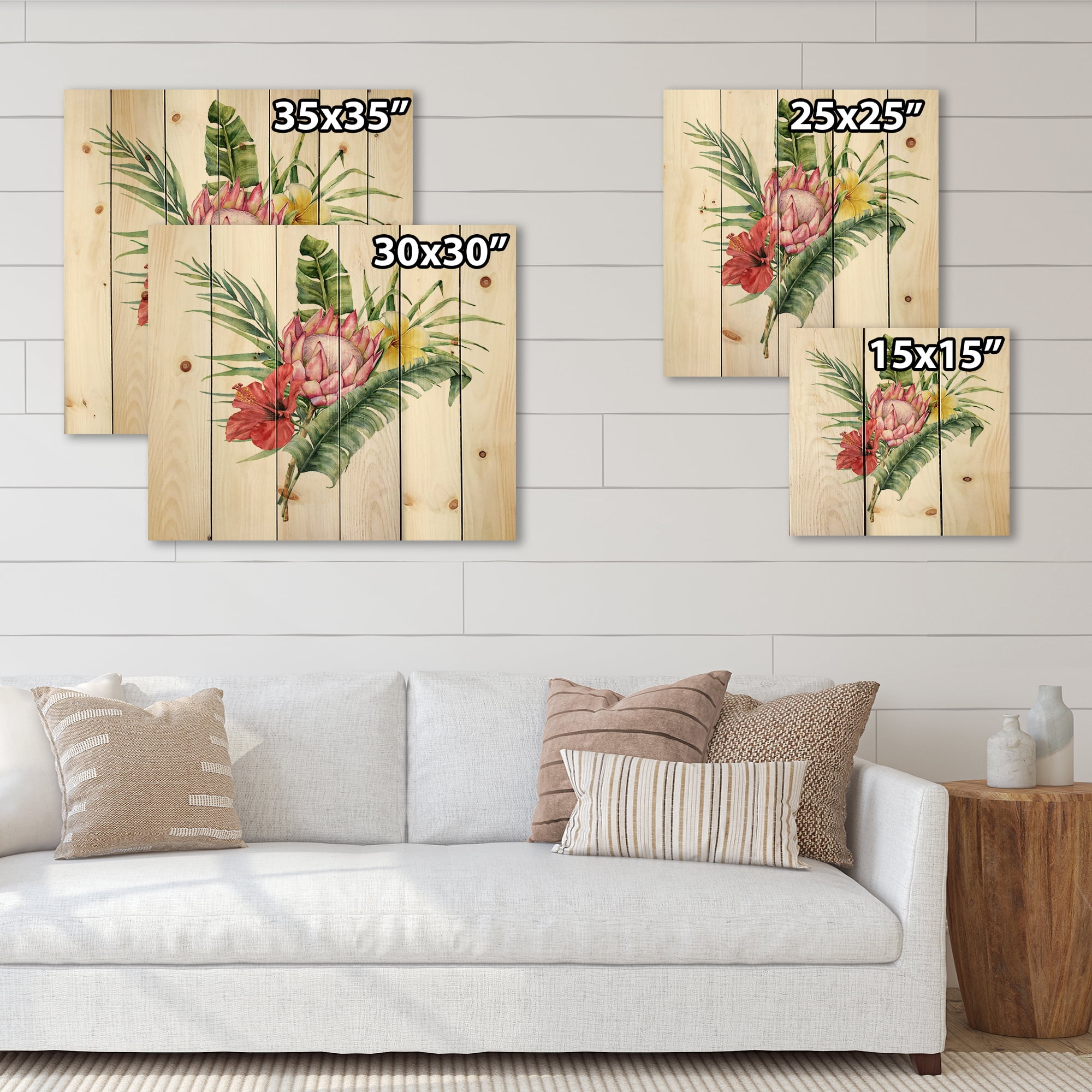 Designart 'Flowers Bouquet With Protea Plumeria Hibiscus' Traditional Print on Natural Pine Wood