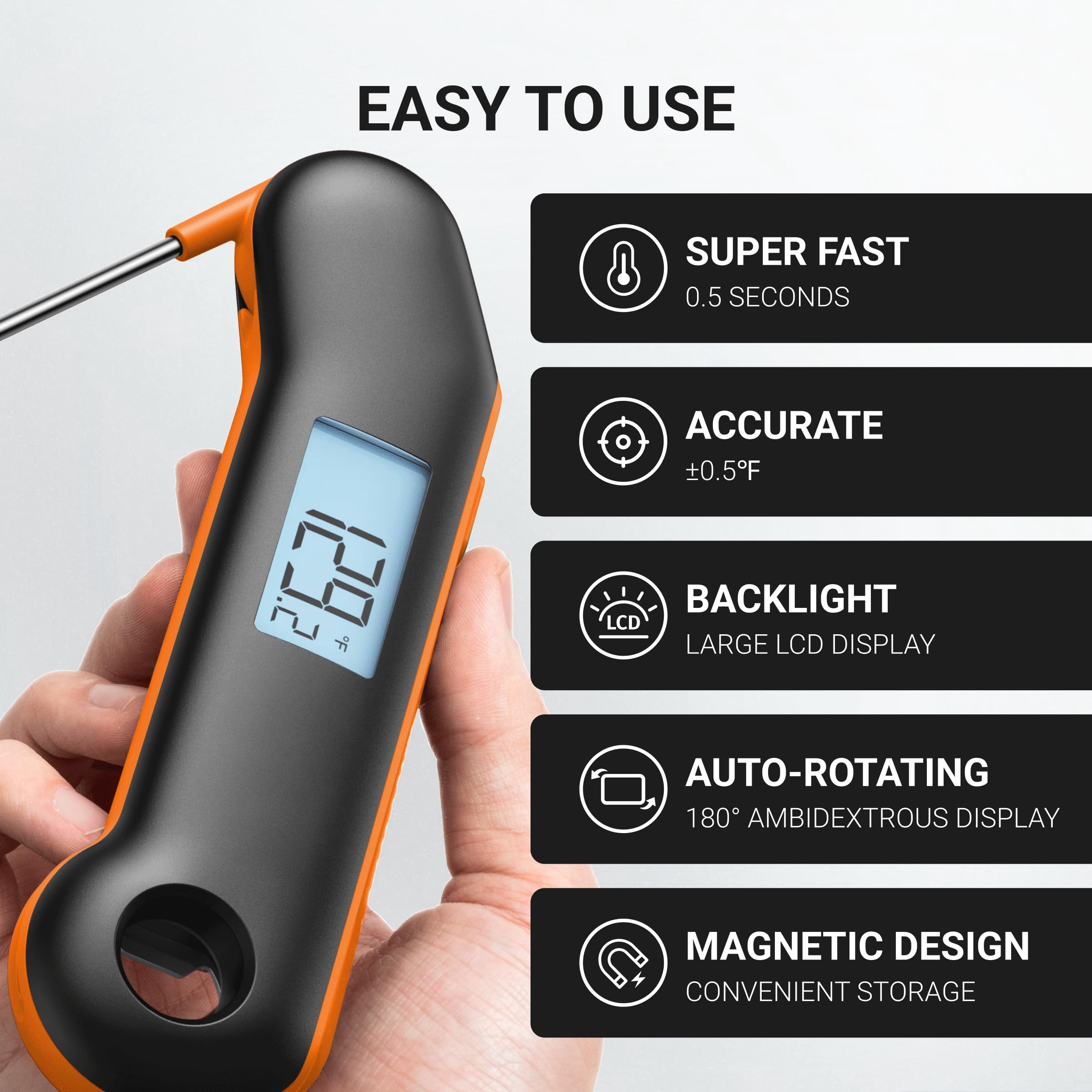 Food Thermometer Black&Orange Instant Read for BBQ/Grill/Cooking