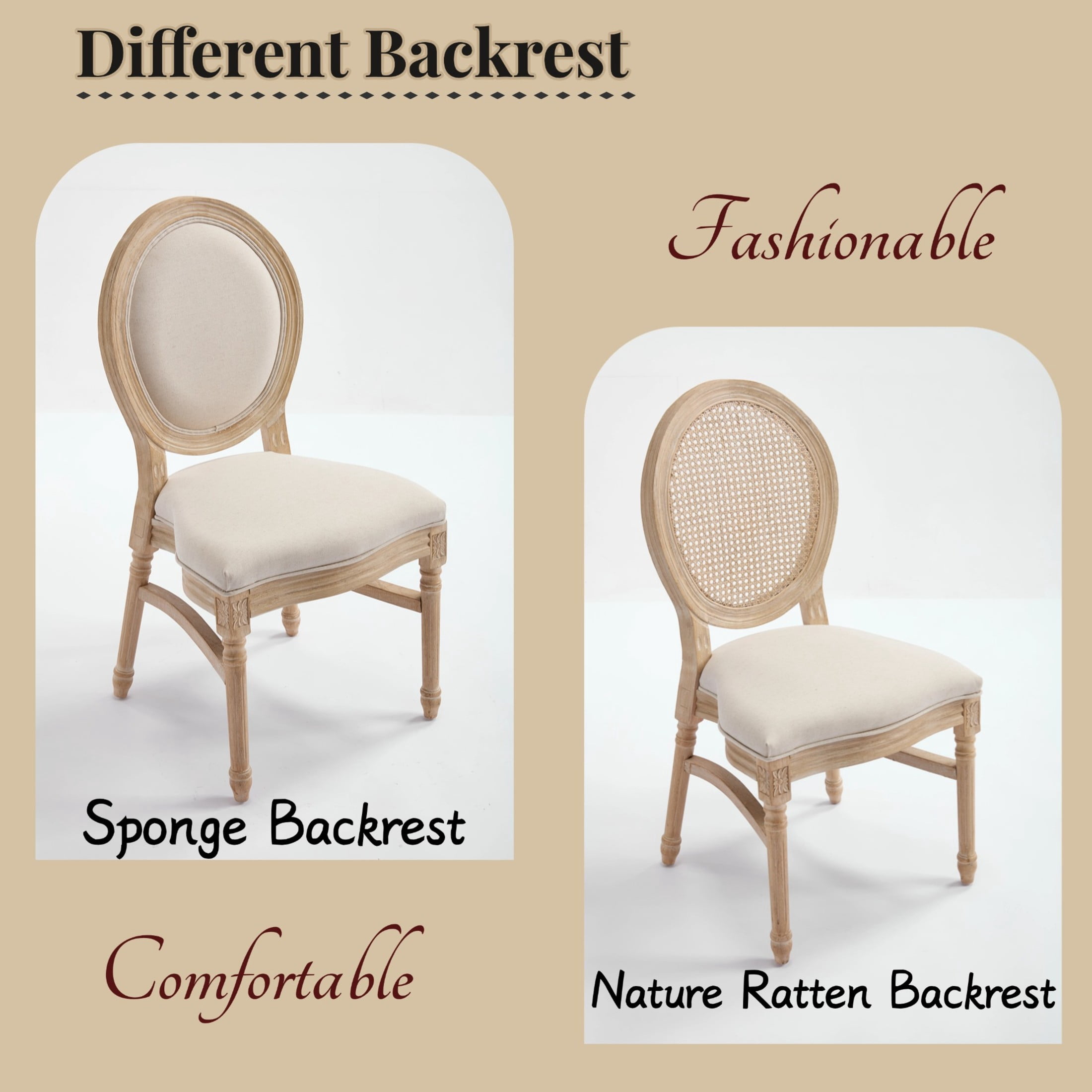 Noble House French Country Stackable Dining Chairs with Natural Rattan Back and Carved Wood Legs, Beige, Set of 2