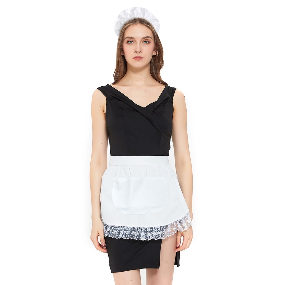 Toptie White Waist Apron with Headband, Christmas Maid Cotton Half Aprons, Dress Up Cosplay