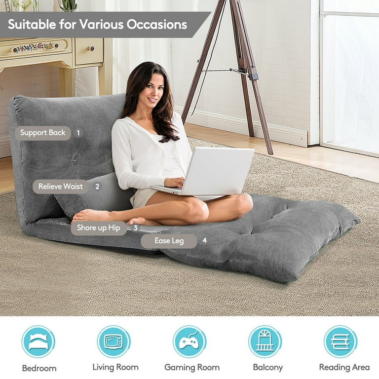 Gymax Floor Sofa Bed 6 Position Adjustable Sleeper Lounge Couch with 2 Pillows Grey