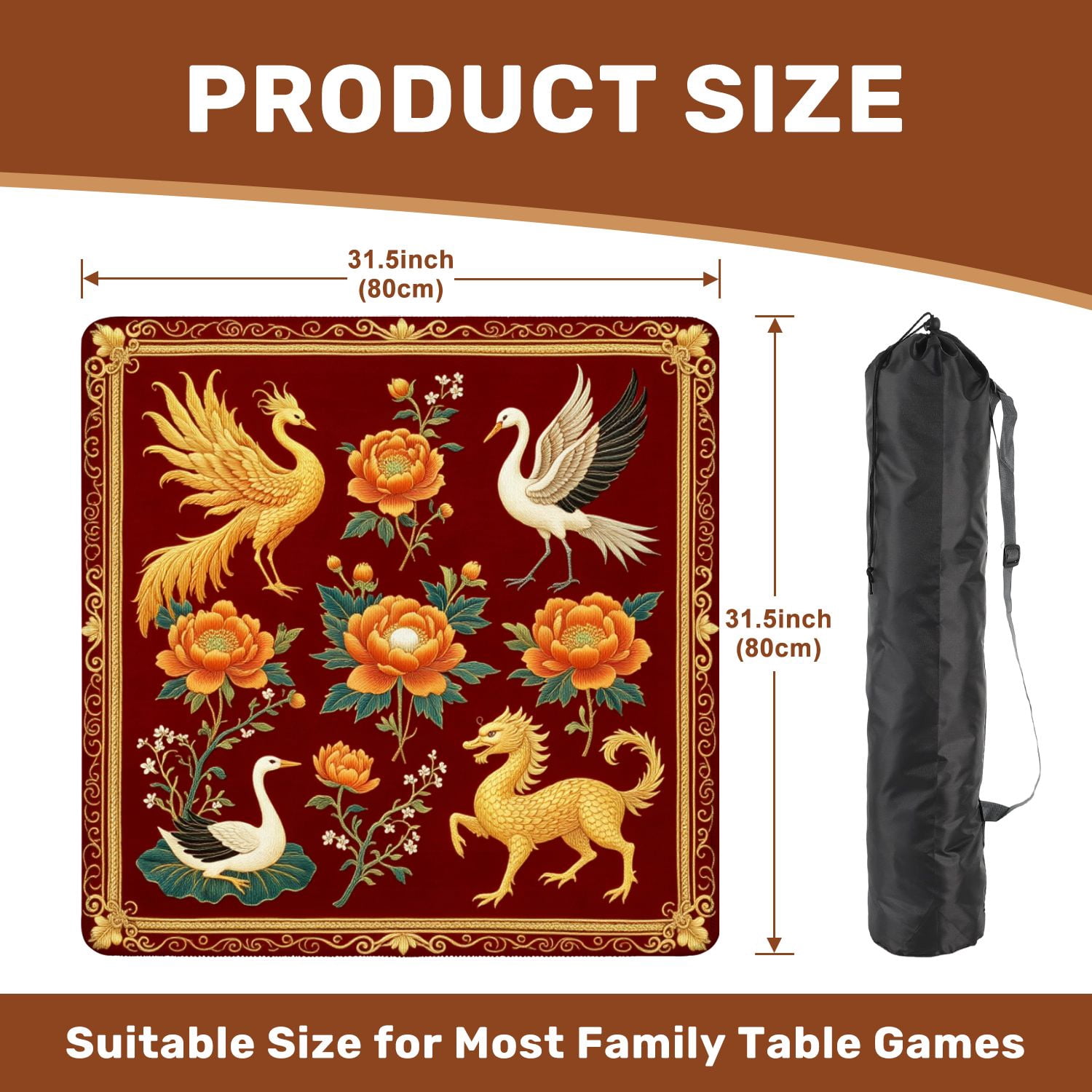 Mahjong Mat 31.5" x 31.5" Golden Crane Blossoming Peonies Ornate Floral Non-Slip Noise Reduction American Mahjong Tiles Table Cover for Dominoes Poker Card Board Games Gift