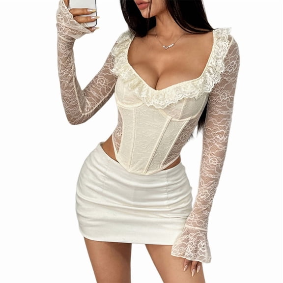 Women Mesh Top Lace Crop Top Long Sleeve Sheer Blouse Y2K Mesh Shirts Going Out Tops Club Outfits Color S
