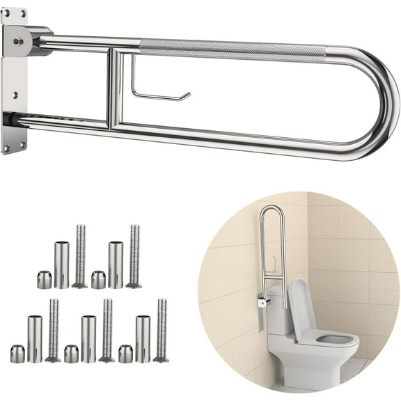 Toilet Grab Bar 30.3 Inch, ZUEXT Flip Up Grab Bar with Paper Holder, Polished Chrome Anti-Slip Safety Bars for Toilet, Stainless Steel Knurled Toilet Handles for Seniors Disabled Elderly Pregnant