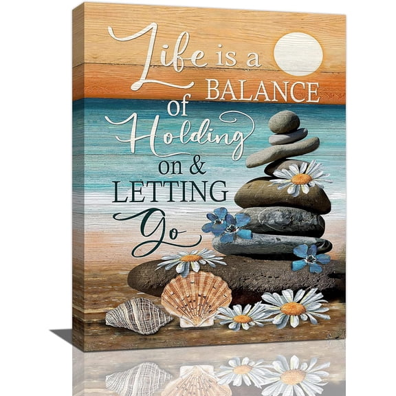 Inspirational Coastal Beach Canvas Wall Art Ocean Sunset Zen Stones Wall Decor Life Quotes Pictures Painting Prints Framed Artwork Decor for Bedroom Bathroom Living Room 12"x16"