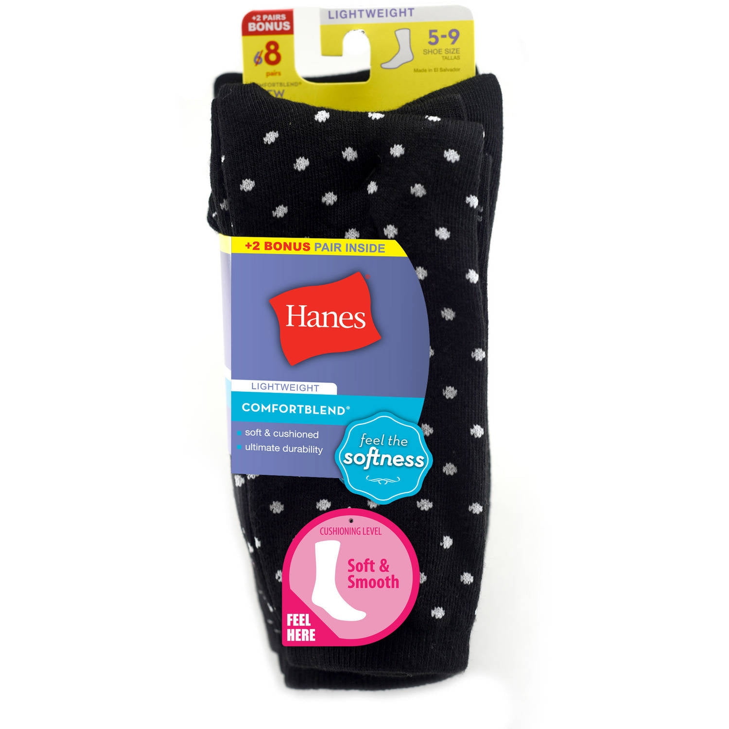 Hanes ladies lightweight comfortblend crew socks, 6 + 2 bonus pack