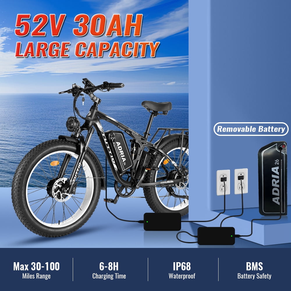 TUTTIO Adria26 Electric Mountain Bike for Adults Teen with Helmet, 5000W Men Off-Road Ebike, 26" Fat Tire Full Suspension Electric Bicycles, 7 Speed, 52V 30Ah Battery, Max 46Mph UL2849
