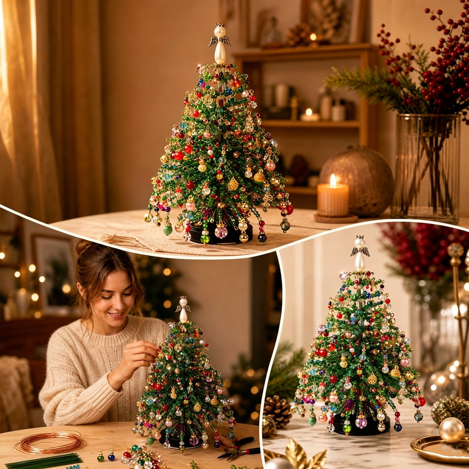 Christmas Decorations DIY Beaded Christmas Tree Kit Sparkling Holiday Craft for Tabletop Mantel Office Desk Bookshelf Home Party Decor