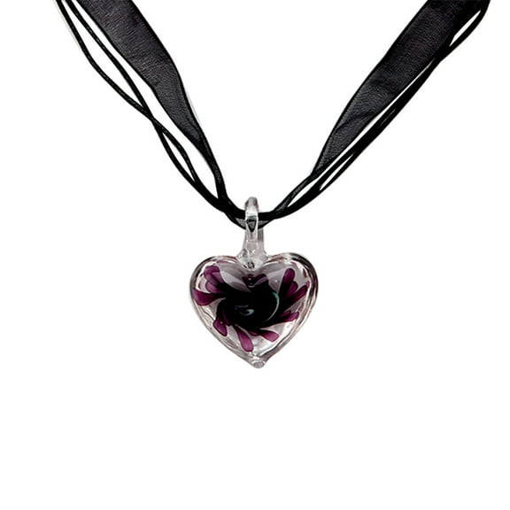 ANXPTME Murano Glass Pendant Necklace Purple Heart Flowers Ribbon Chain