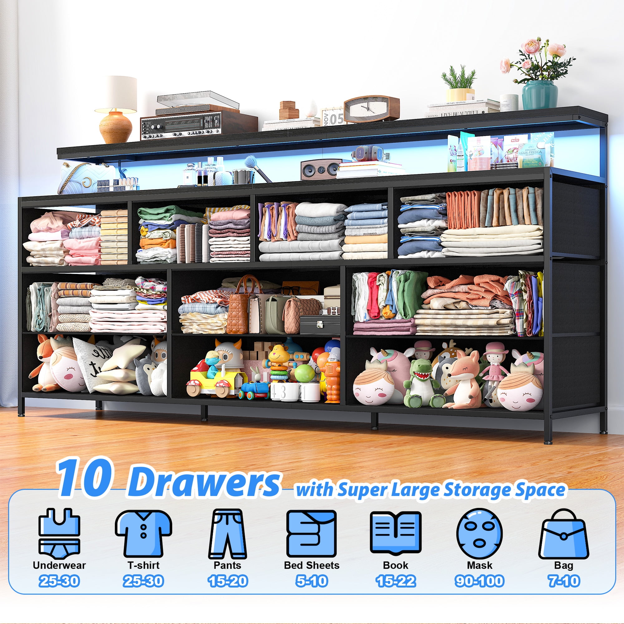 Dresser for Bedroom with 10 Drawers Fabric dresser with LED Lights and Power Outlets,Black