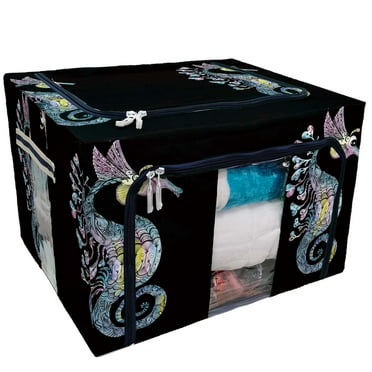 PKQWTM Creative Watercolor Seahorse Black Sea Creature Storage Bag Clear Window Storage Bins Boxes Large Capacity Foldable Stackable Organizer With Steel Metal Frame For Clothes,Closets, Bedrooms